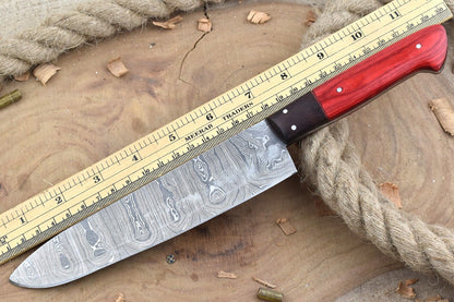 Custom Handmade Forged Damascus Steel Kitchen Chef Knife with Red Dollar Sheet & Rose Wood Handle