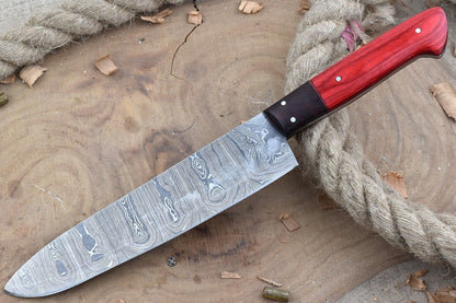 Custom Handmade Forged Damascus Steel Kitchen Chef Knife with Red Dollar Sheet & Rose Wood Handle