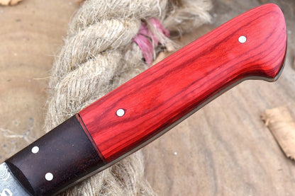Custom Handmade Forged Damascus Steel Kitchen Chef Knife with Red Dollar Sheet & Rose Wood Handle