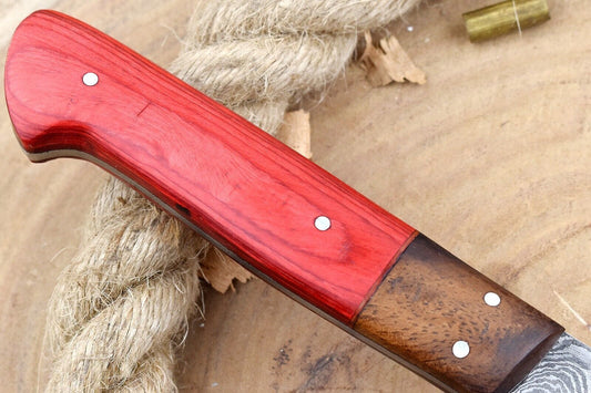 Custom Handmade Forged Damascus Steel Kitchen Chef Knife with Red Dollar Sheet & Rose Wood Handle
