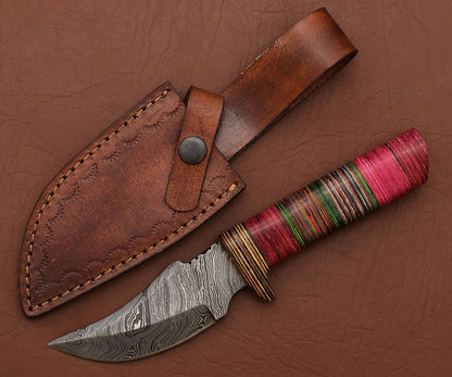Damascus Steel Skinner Knife with Pakka Wood Handle and Leather Sheath
