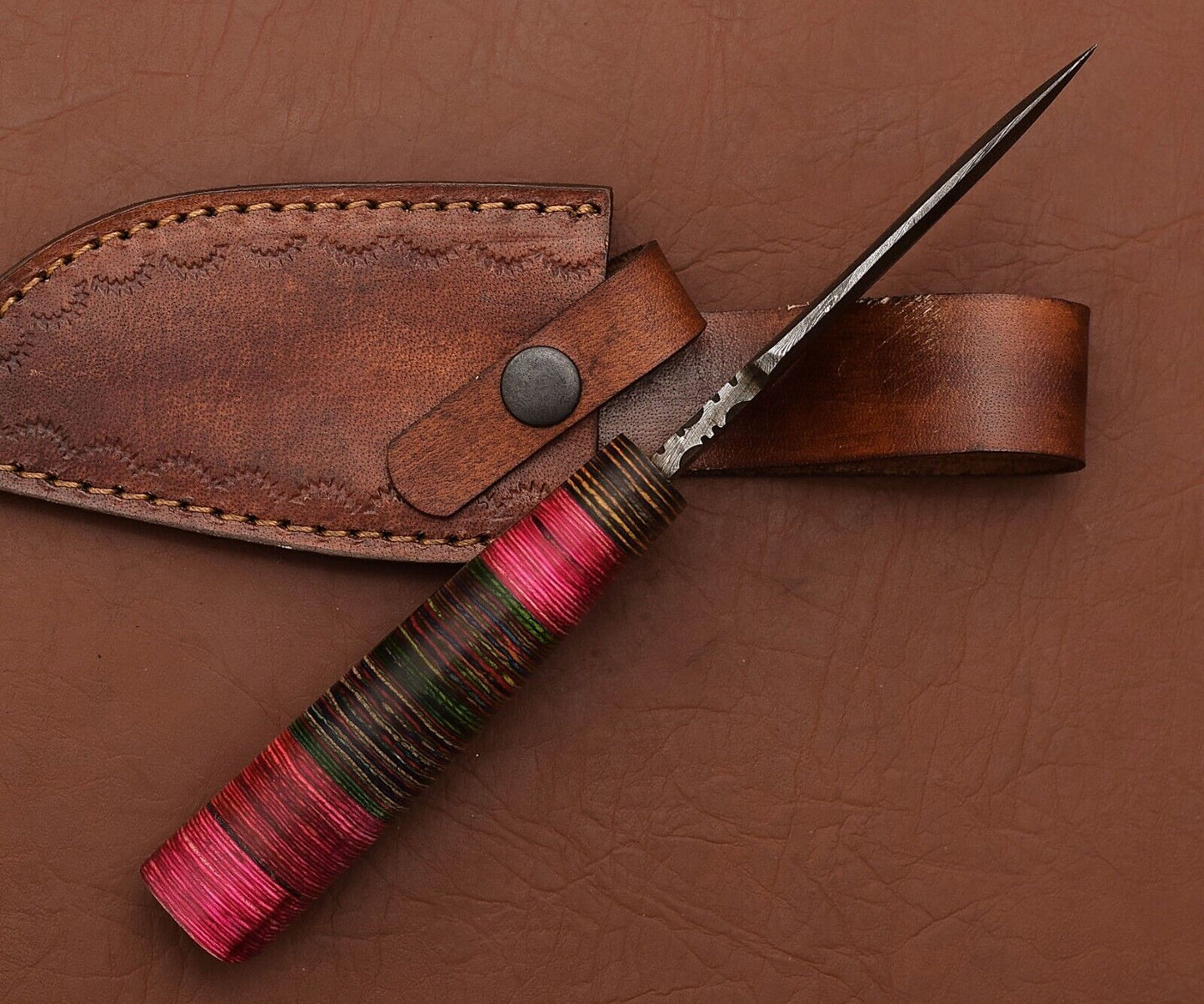 Damascus Steel Skinner Knife with Pakka Wood Handle and Leather Sheath