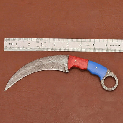 Custom Handmade Damascus Karambit Damascus Steel Hunting Knife with Wood and Resin Handle