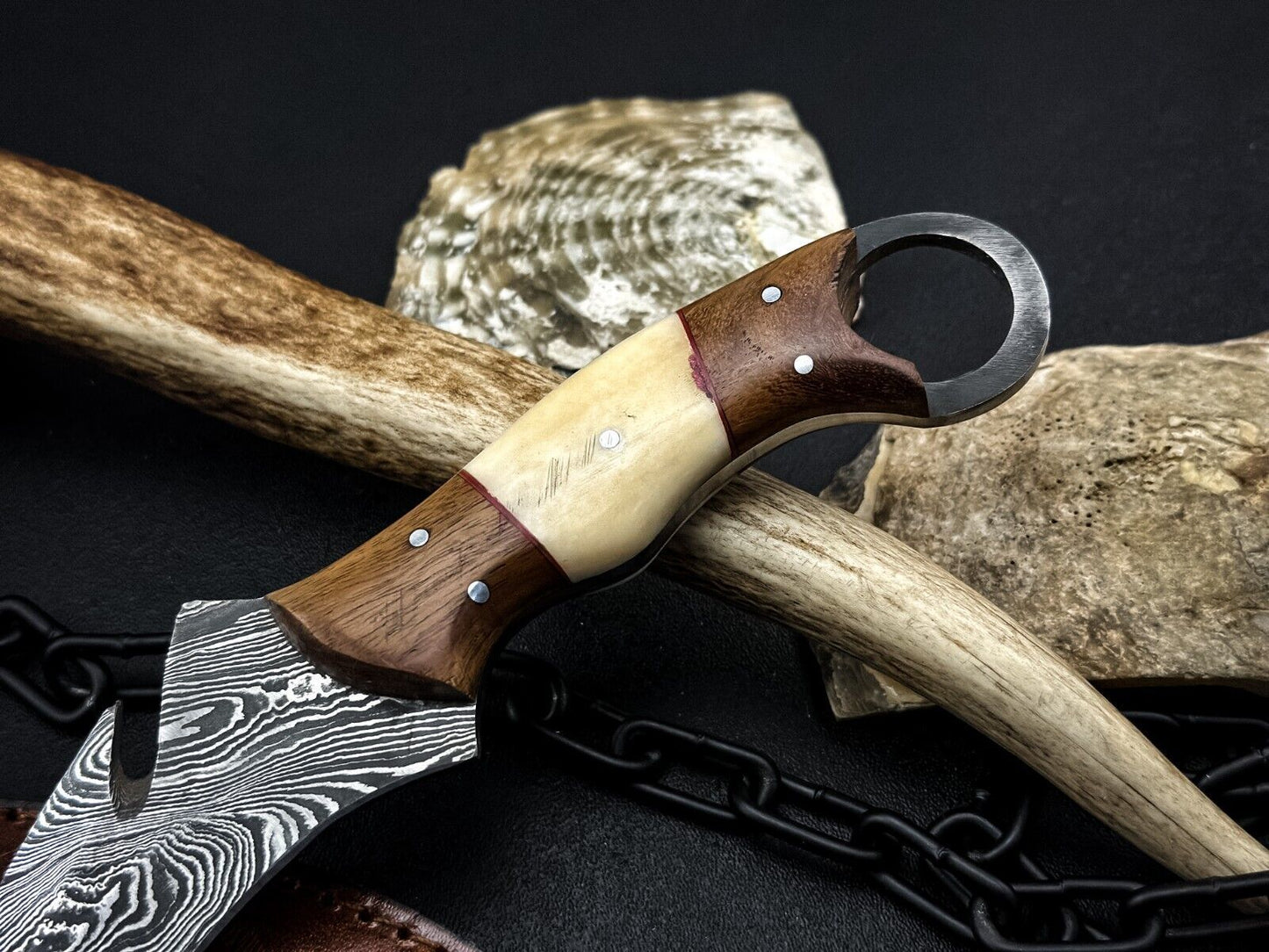 8" Handmade Damascus Karambit Knife Damascus Steel Knife with Bone and Wood Handle