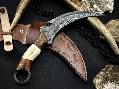 8" Handmade Damascus Karambit Knife Damascus Steel Knife with Bone and Wood Handle
