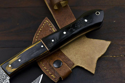 Custom Handmade Damascus Steel Hunting Axe Knife Ram's Horn Handle Clever Chopper with Leather Sheath