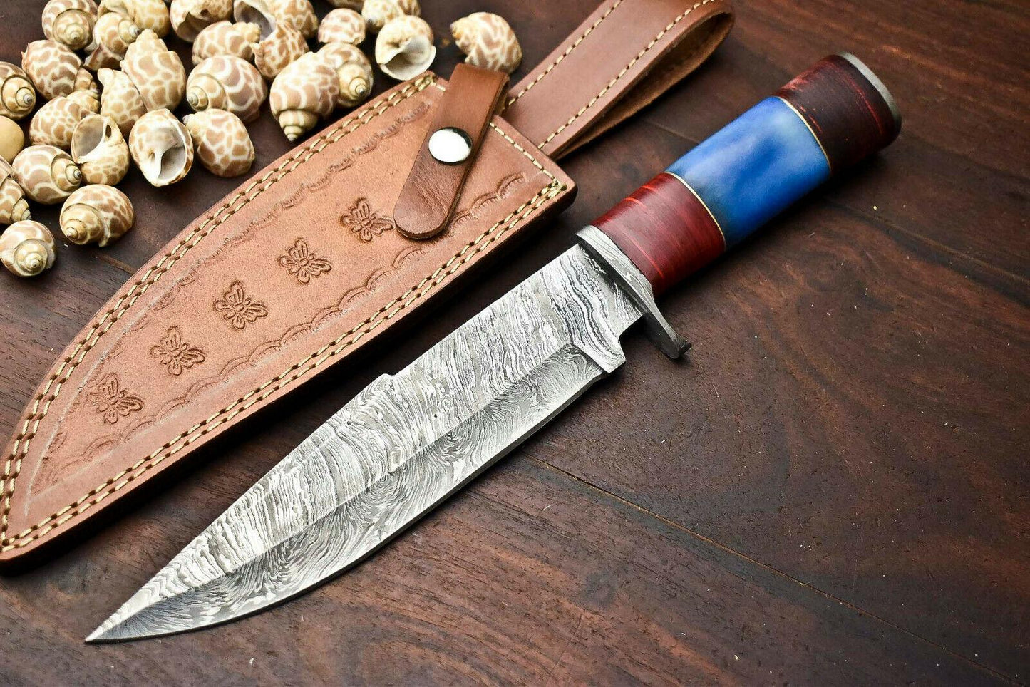 13" Damascus Steel Bowie Knife | Camel Bone Handle & Leather Sheath
