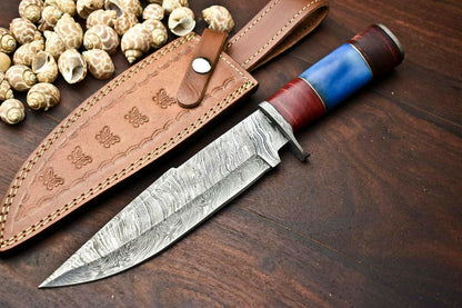 13" Damascus Steel Bowie Knife | Camel Bone Handle & Leather Sheath