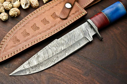 13" Damascus Steel Bowie Knife | Camel Bone Handle & Leather Sheath