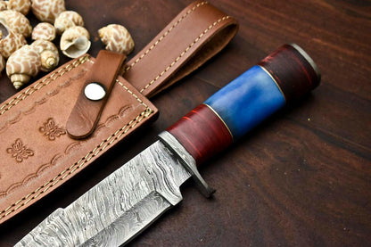 13" Damascus Steel Bowie Knife | Camel Bone Handle & Leather Sheath