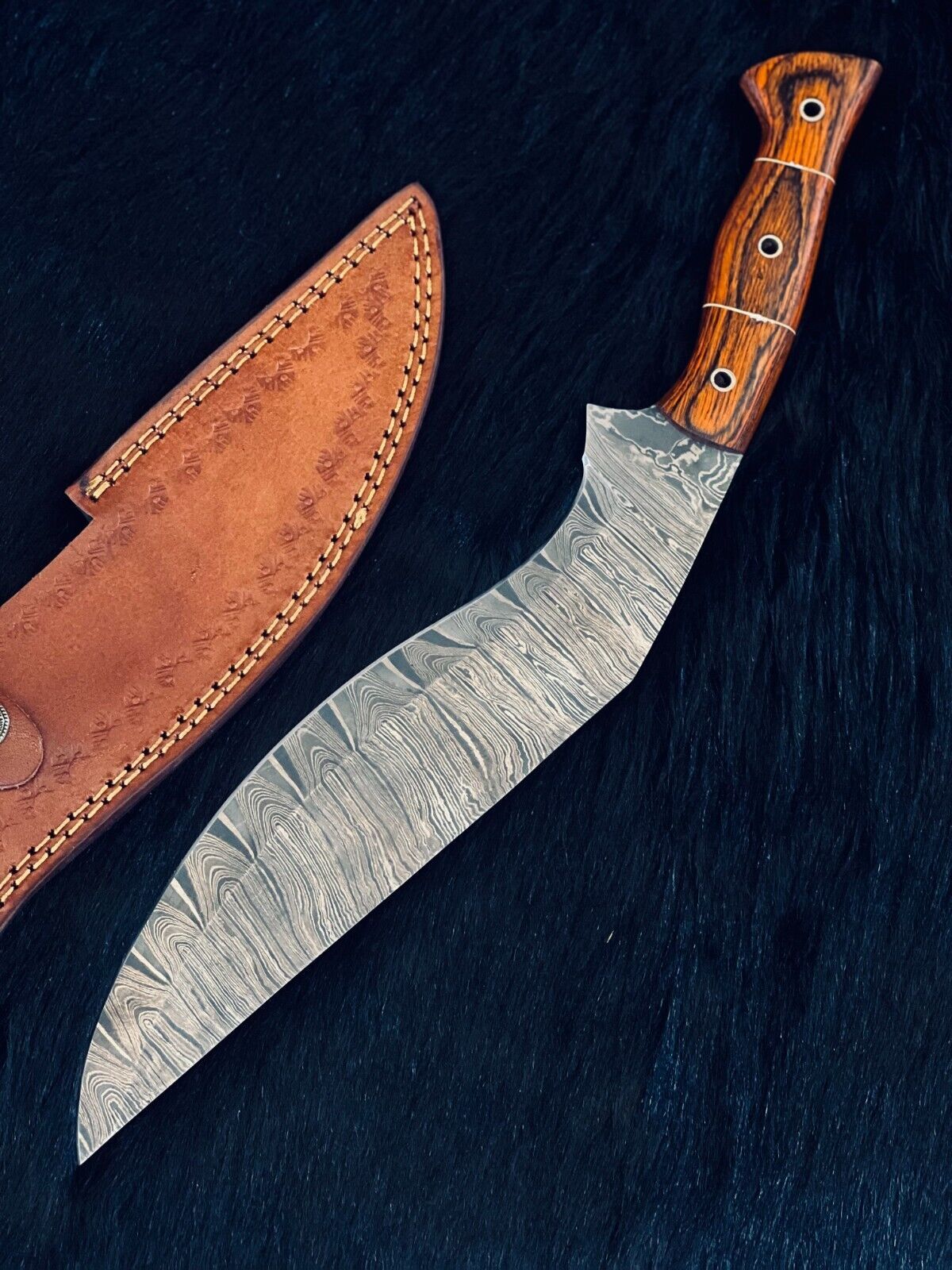 Heritage Forge 15 Inch Damascus Steel Kukri Knife with Camel Bone and Wood Handle