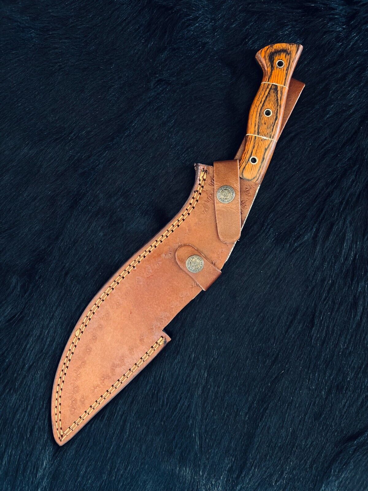 Heritage Forge 15 Inch Damascus Steel Kukri Knife with Camel Bone and Wood Handle