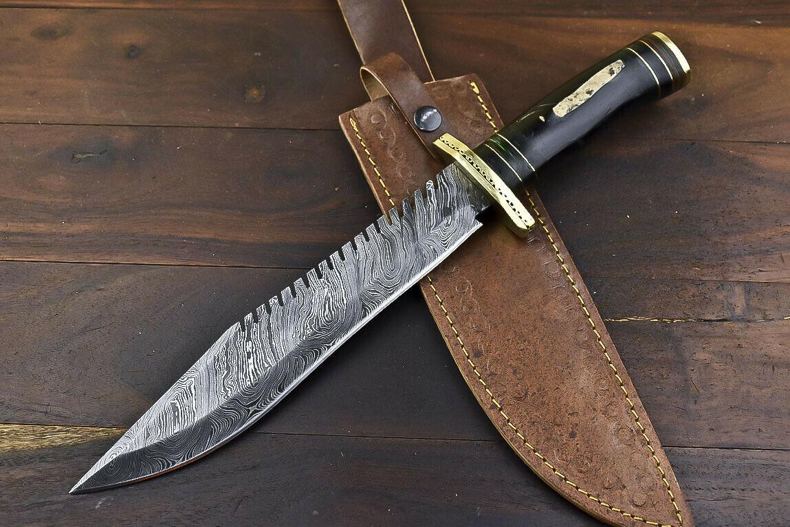 14.5" Damascus Bowie Knife – Bull Horn Handle & Brass Guard