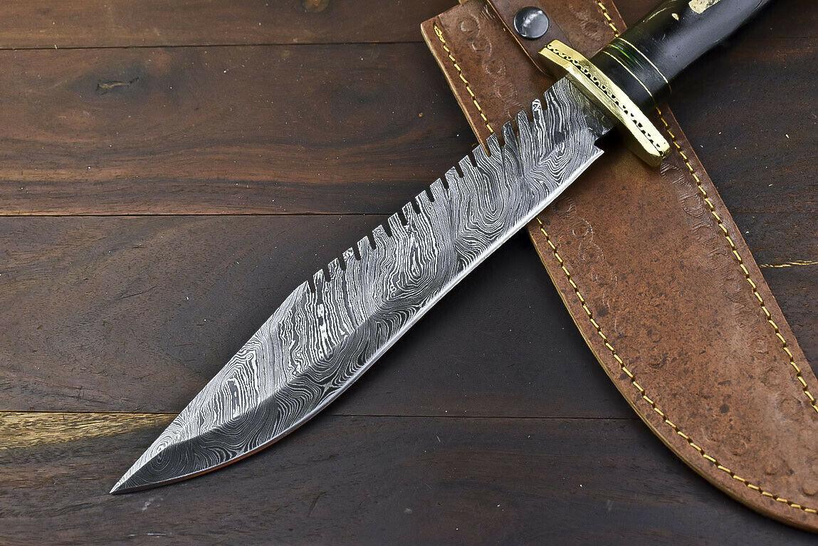 14.5" Damascus Bowie Knife – Bull Horn Handle & Brass Guard