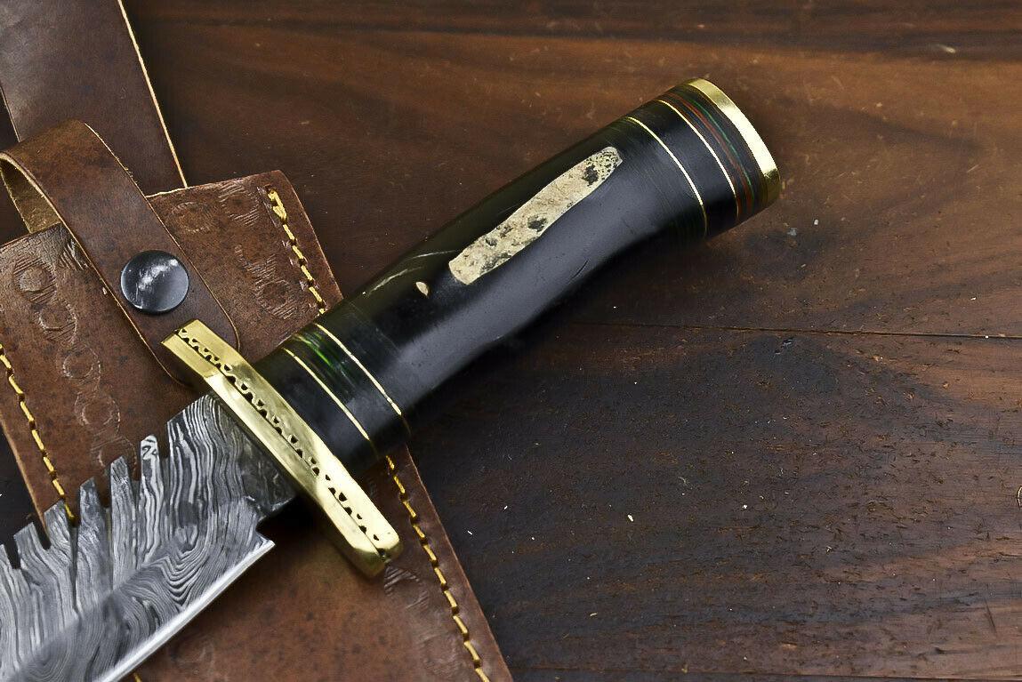 14.5" Damascus Bowie Knife – Bull Horn Handle & Brass Guard