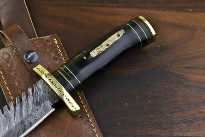 14.5" Damascus Bowie Knife – Bull Horn Handle & Brass Guard