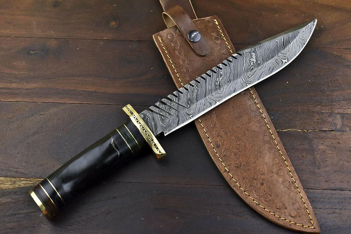 14.5" Damascus Bowie Knife – Bull Horn Handle & Brass Guard
