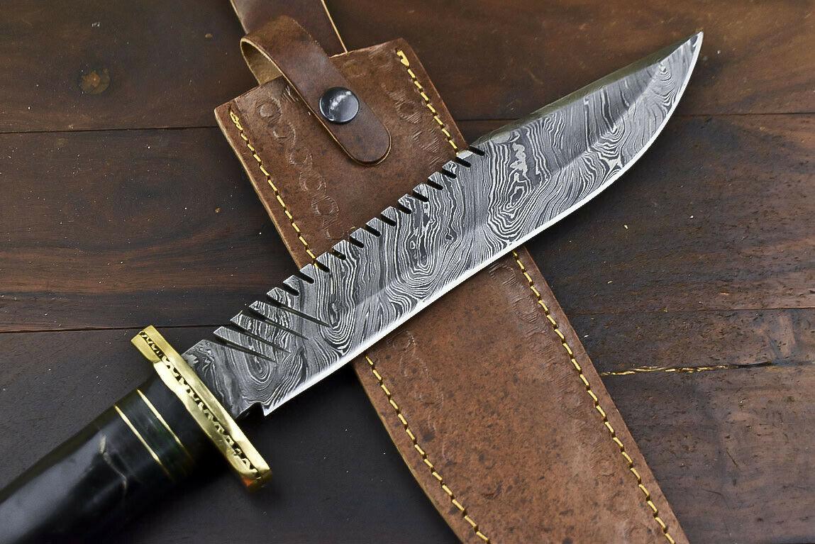 14.5" Damascus Bowie Knife – Bull Horn Handle & Brass Guard