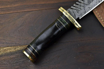 14.5" Damascus Bowie Knife – Bull Horn Handle & Brass Guard