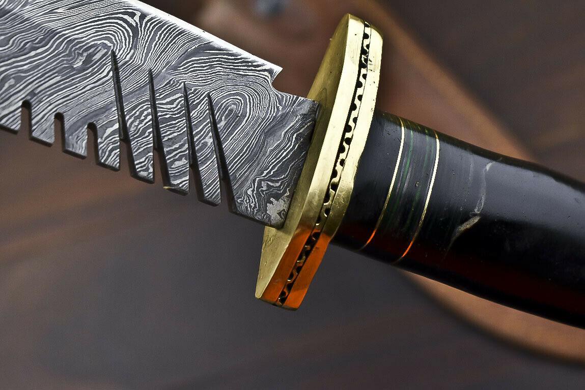 14.5" Damascus Bowie Knife – Bull Horn Handle & Brass Guard