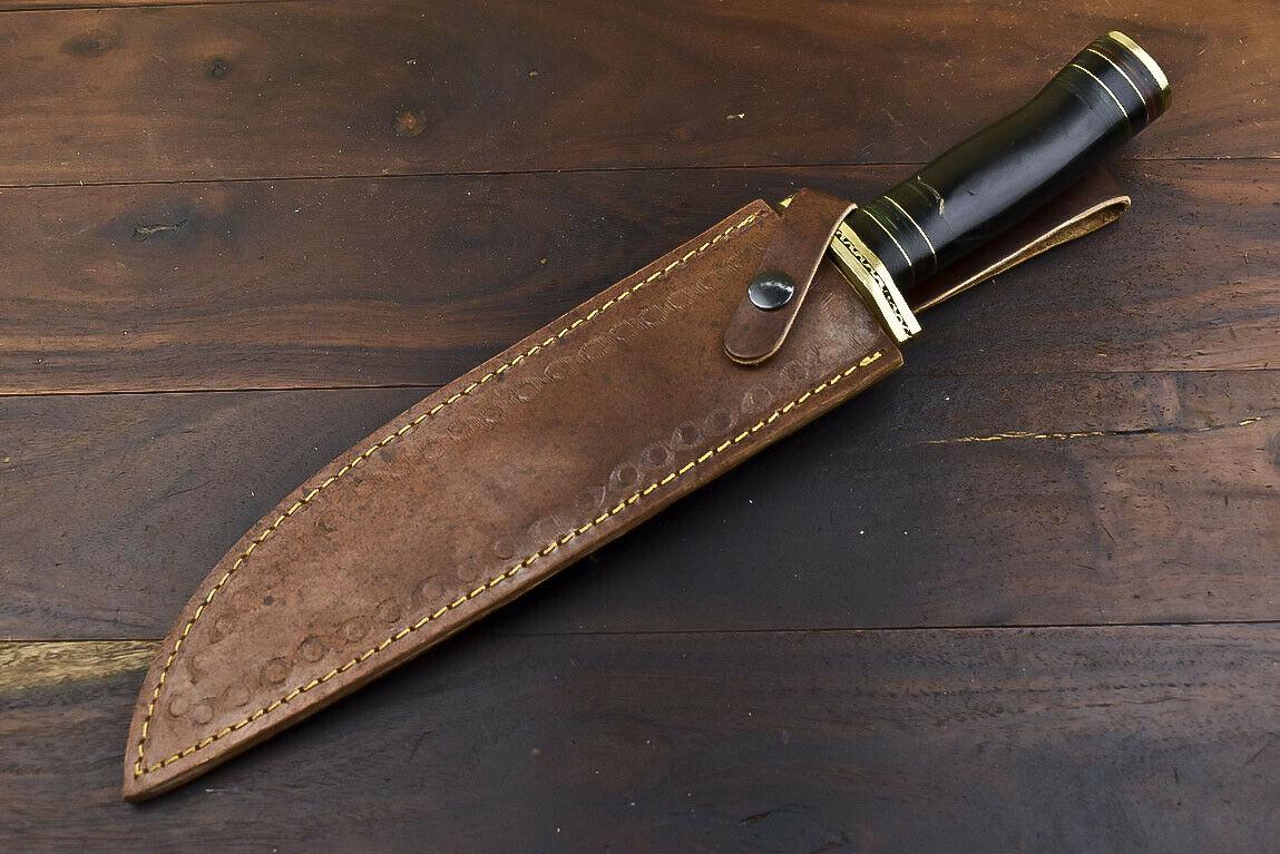 14.5" Damascus Bowie Knife – Bull Horn Handle & Brass Guard