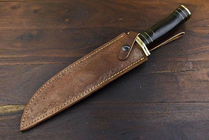 14.5" Damascus Bowie Knife – Bull Horn Handle & Brass Guard
