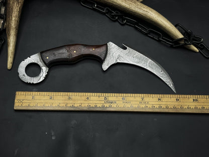 Handmade 8" Damascus Karambit Knife Best Damascus Steel Knife with Wood Handle