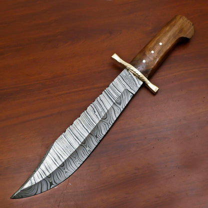 Heritage Forge Custom Handmade Damascus Steel Bowie Hunting Knife with Wood Handle
