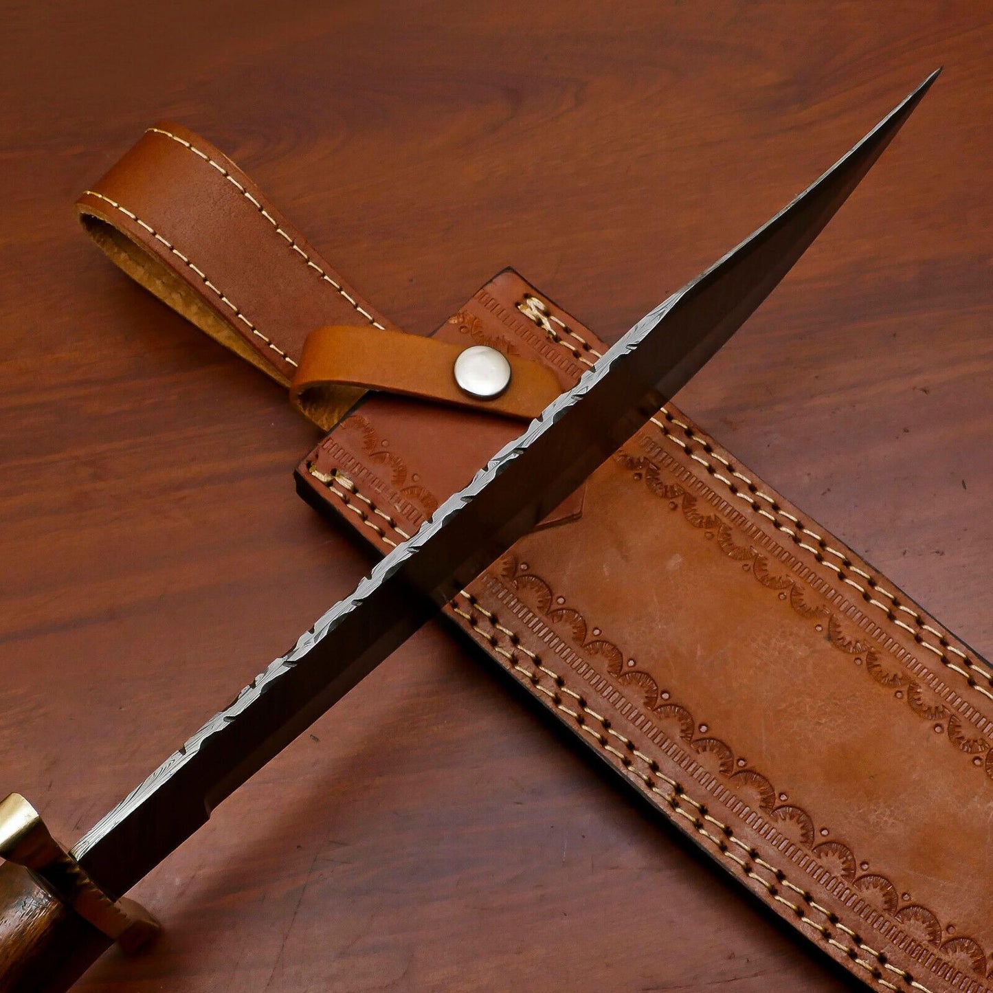 Heritage Forge Custom Handmade Damascus Steel Bowie Hunting Knife with Wood Handle
