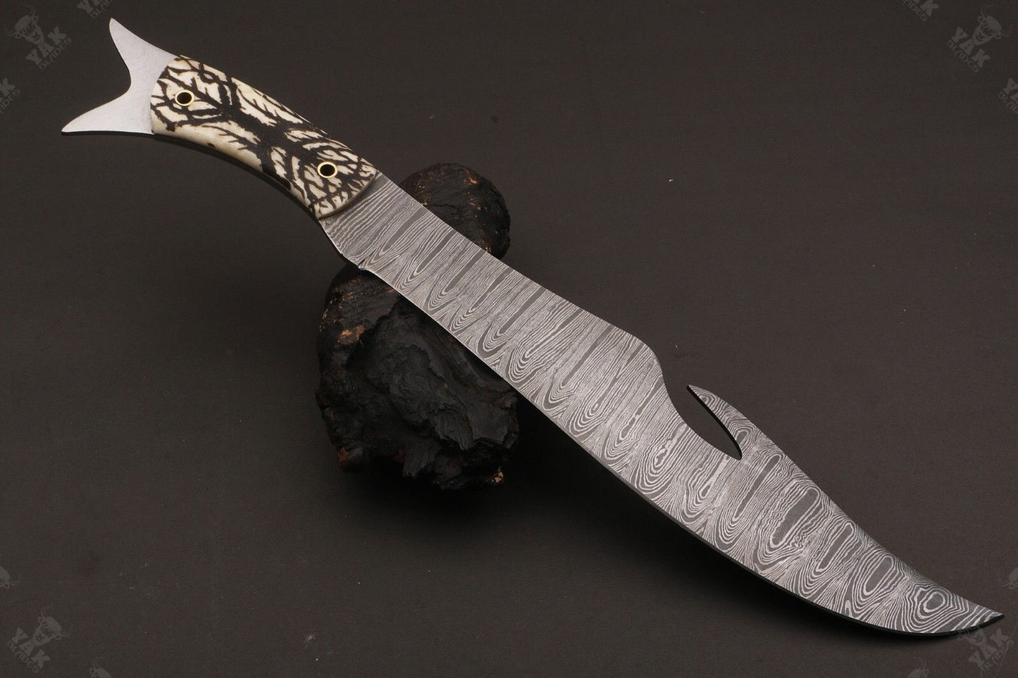 Heritage Forge 15 Inch Custom Handmade Twist Damascus Bowie Knife with Camel Bone Handle
