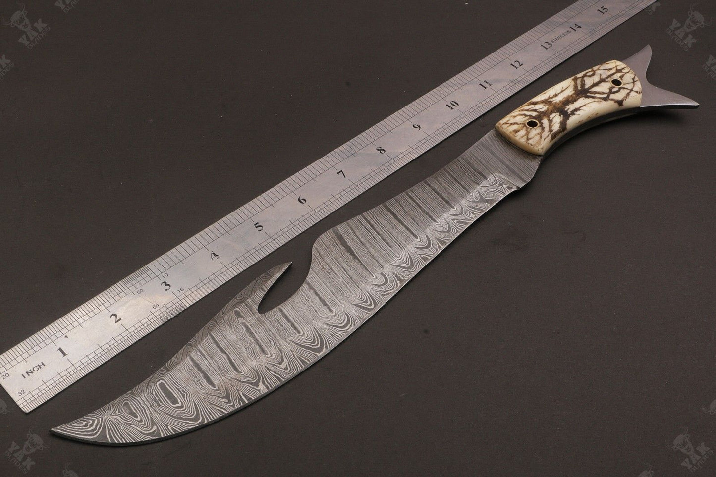Heritage Forge 15 Inch Custom Handmade Twist Damascus Bowie Knife with Camel Bone Handle