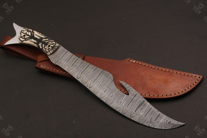 Heritage Forge 15 Inch Custom Handmade Twist Damascus Bowie Knife with Camel Bone Handle