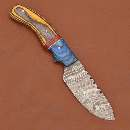 Handmade Forged Damascus Steel Camping Skinner Hunting Knife with Leather Sheath