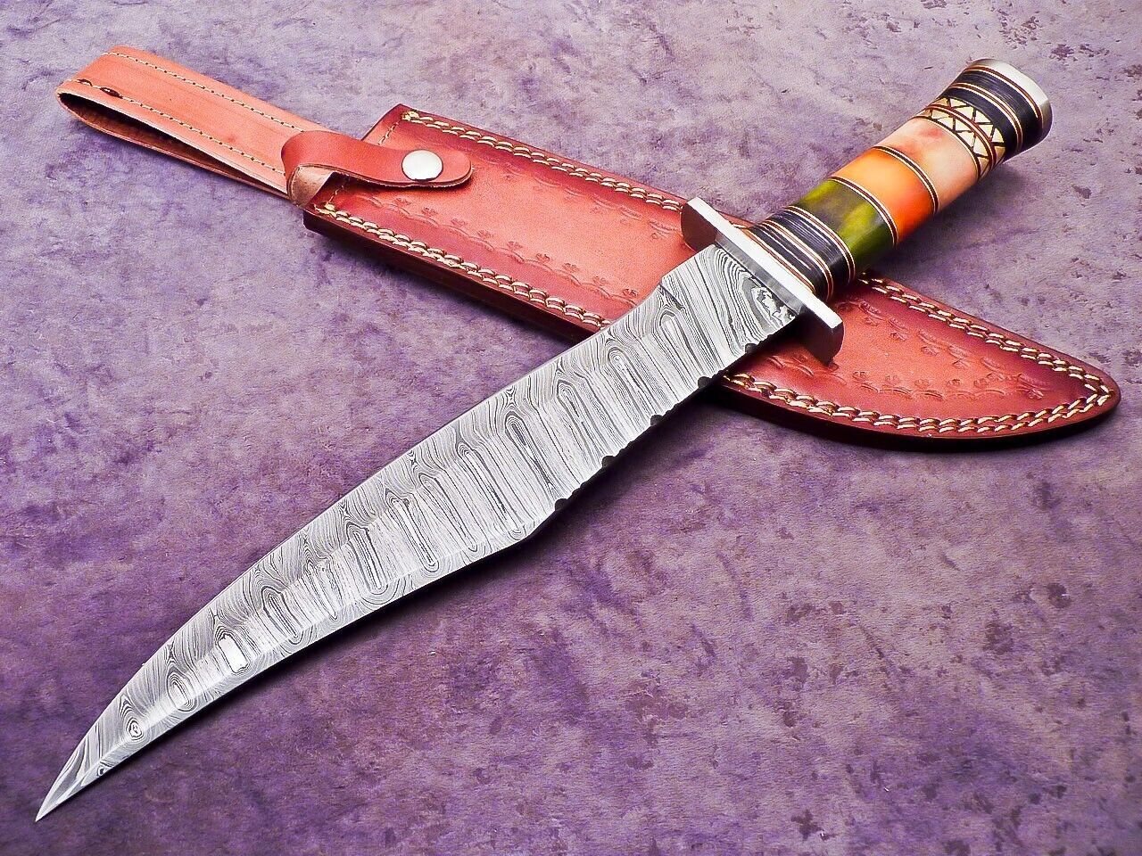 Custom Damascus Steel Camping Bowie Knife with Stained Camel Bone Handle