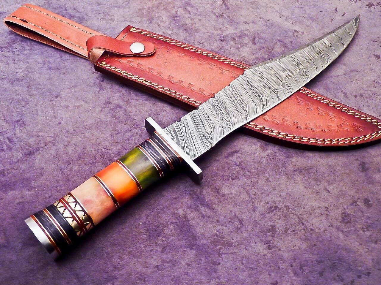 Custom Damascus Steel Camping Bowie Knife with Stained Camel Bone Handle