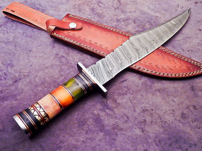 Custom Damascus Steel Camping Bowie Knife with Stained Camel Bone Handle