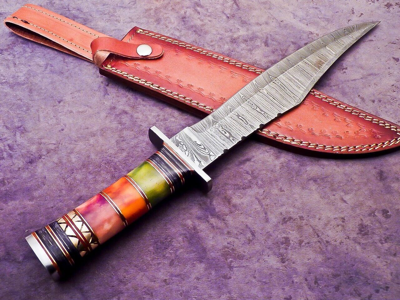Custom Damascus Steel Camping Bowie Knife with Stained Camel Bone Handle