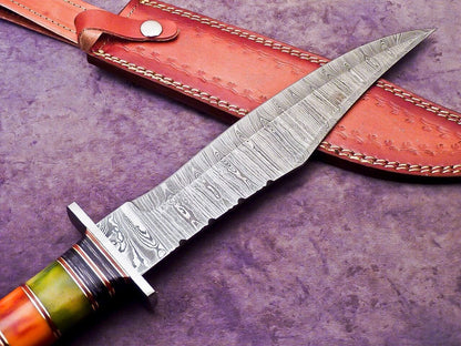 Custom Damascus Steel Camping Bowie Knife with Stained Camel Bone Handle