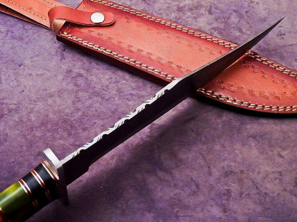 Custom Damascus Steel Camping Bowie Knife with Stained Camel Bone Handle