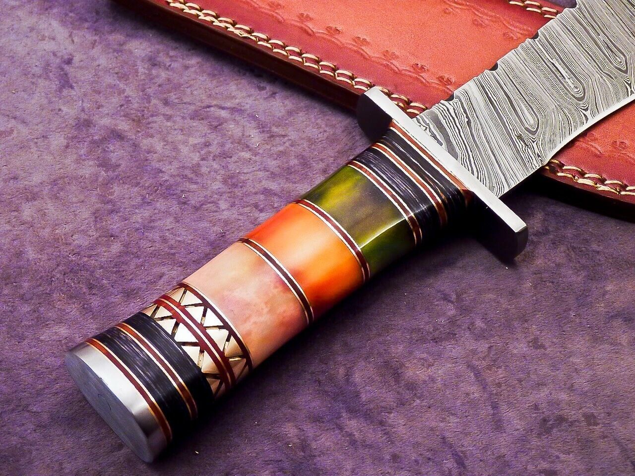 Custom Damascus Steel Camping Bowie Knife with Stained Camel Bone Handle