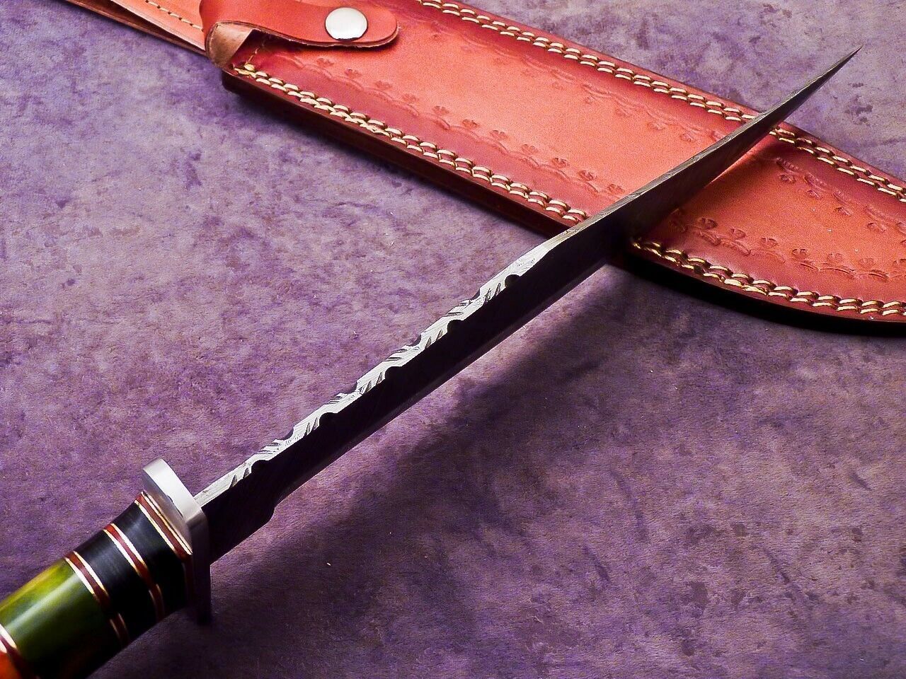 Custom Damascus Steel Camping Bowie Knife with Stained Camel Bone Handle