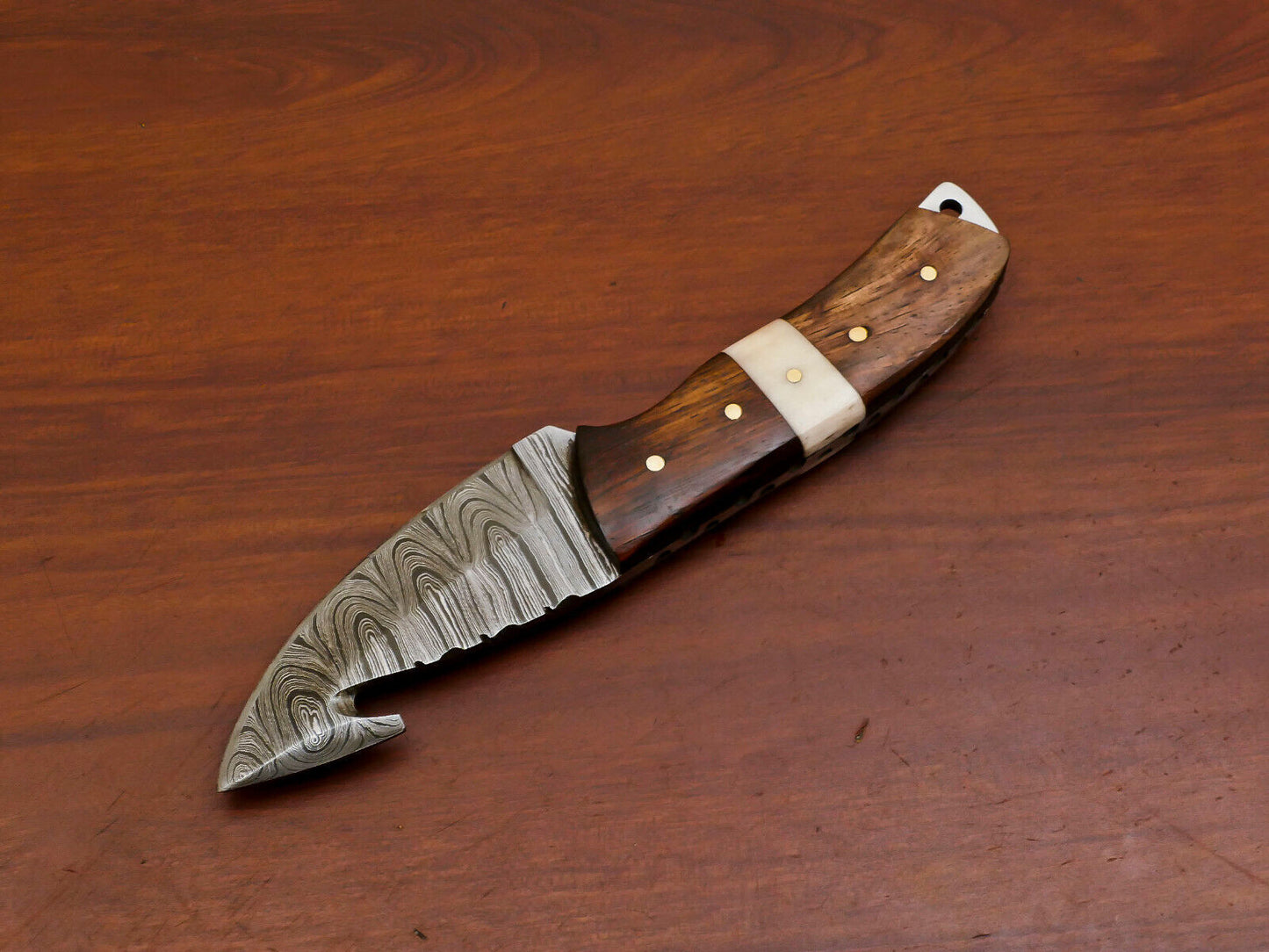 Handmade Damascus Gut Hook Hunting Knife with Camel Bone and Rosewood Handle
