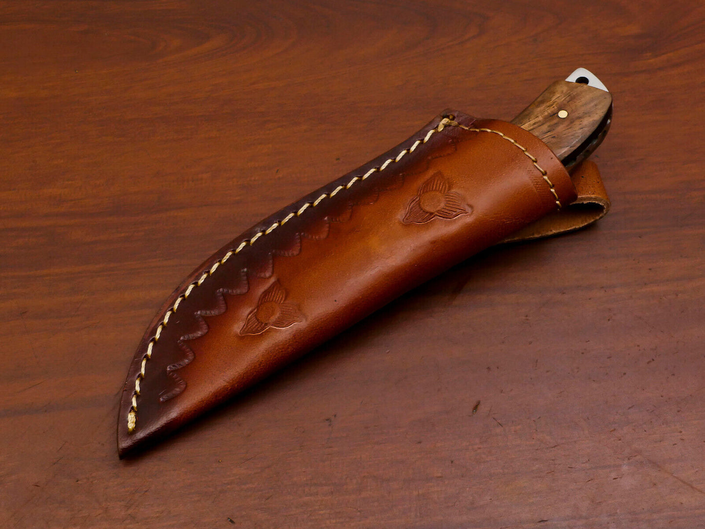 Handmade Damascus Gut Hook Hunting Knife with Camel Bone and Rosewood Handle