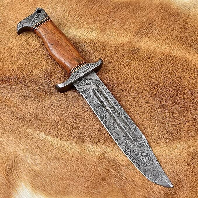 Heritage Forge Handmade Damascus Steel Bowie Hunting Knife with Wood Handle and Sheath
