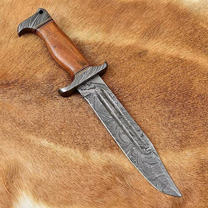Heritage Forge Handmade Damascus Steel Bowie Hunting Knife with Wood Handle and Sheath