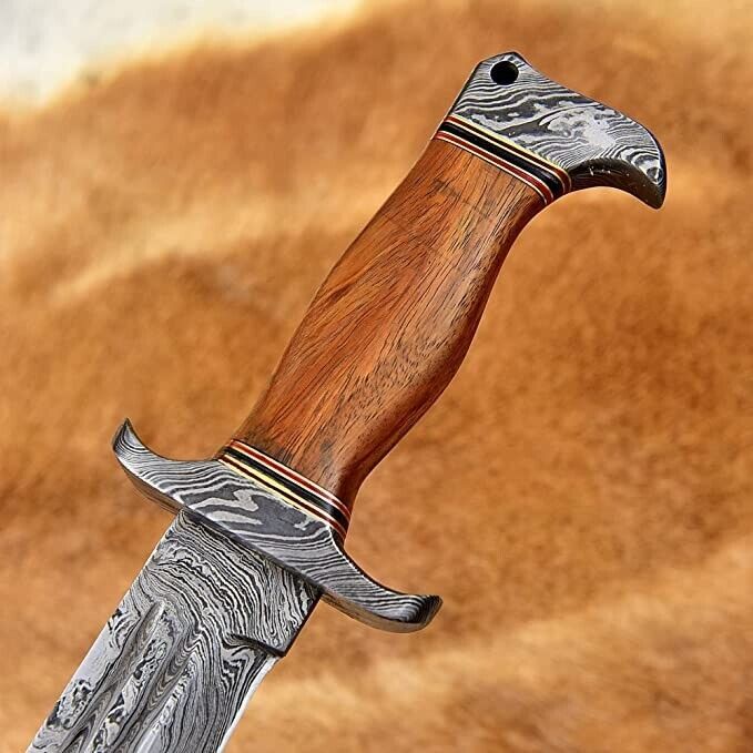 Heritage Forge Handmade Damascus Steel Bowie Hunting Knife with Wood Handle and Sheath