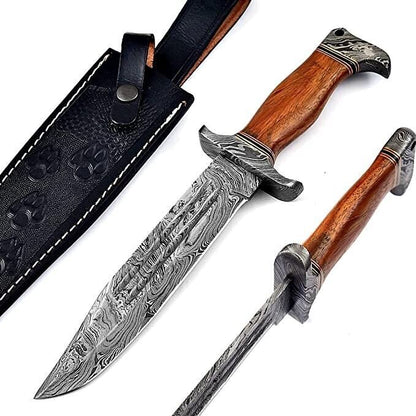 Heritage Forge Handmade Damascus Steel Bowie Hunting Knife with Wood Handle and Sheath