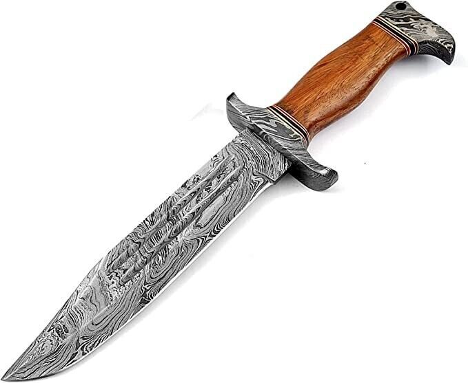Heritage Forge Handmade Damascus Steel Bowie Hunting Knife with Wood Handle and Sheath