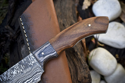 Hand Forged Ladder Damascus Skinner Knife Walnut Wood Handle Outdoor Hunting Tool