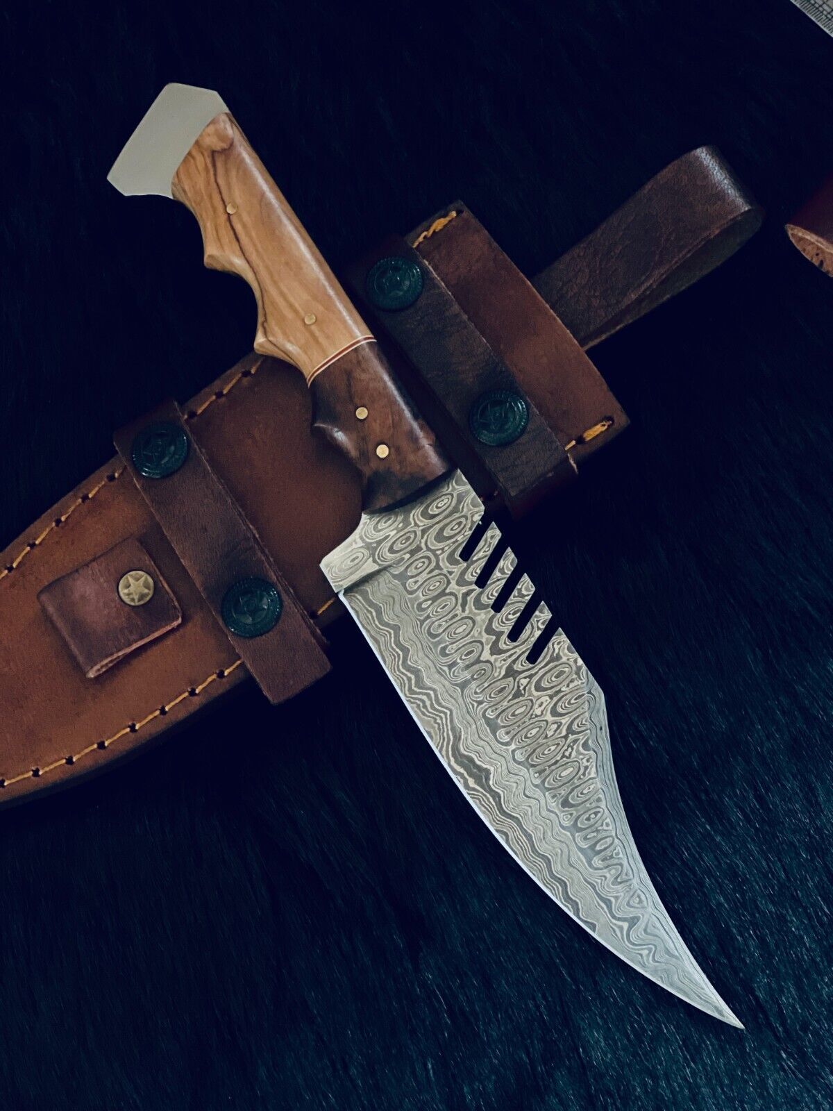 11" Rain Drop Damascus Bowie Knife – Camel Bone & Wood Handle